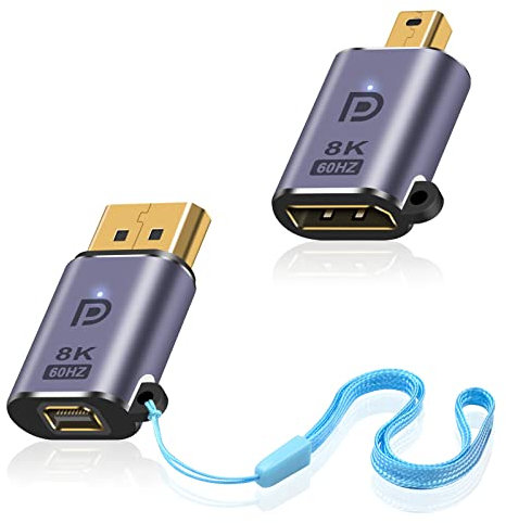 Duttek Mini Displayport to Displayport 1.4 Adapter, 8K Mini DP to DP Adapter and DP to Mini DP Adapter Male to Female Displayport Adapter with LED Light Support 8K@60Hz UHD Video 2 Pack