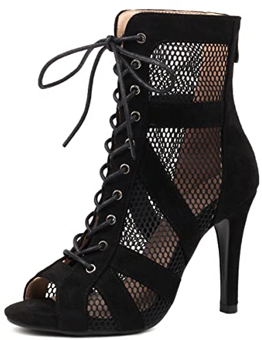 Scaoruki Women Bujur Dance Class Shoes Stiletto Heels Lace up Bootie Sandals Peep Toe Gladiator Sandals Party Heels Cage Shoes Suede Black Size 37