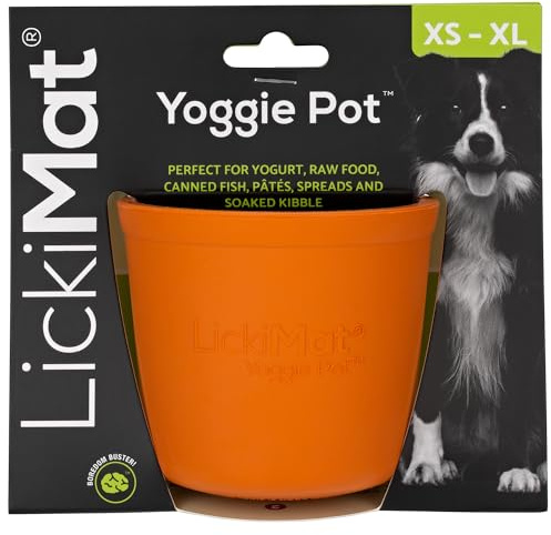 LickiMat Yoggie Pot – Distraction, Fun and Enrichment. Long Lasting Rubber Licking Treat Dispenser for All Dog Sizes and Slow Feeder for Small Dogs. The Newest LickiMat, Orange