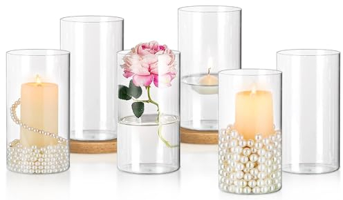 Glasvase Zylinder -Vasen Set 6,Vase Glas15cm Hoch, Vase Durchsichtig Glasvase Zylinder Vase Set, Hohe Vase Zylinder Glas Vasen Kleine Glasvasen für Tischdeko für Blumen Kerzen Kieselsteine