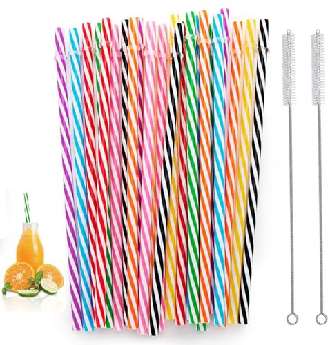 50Pcs Plastic Straws Reusable, with 2Pcs Cleaning Brush, Candy-Striped Drinking Straws, for Family Bars, Cafes, Smoothies, Juice, Cocktail, Hot Drink(9.05 inch Long)
