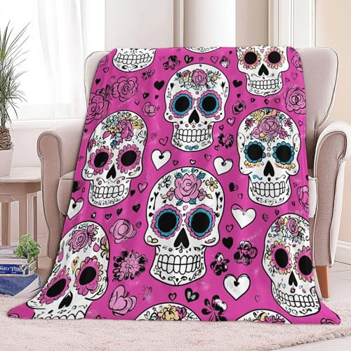 Kuscheldecken Sofaüberwurf Weiche Flauschige Decke Zuckerschädel Blumen Muster für Sofadecke, Tagesdecke - Gemütliche Flanelldecke, Warme Decken für Herbst Winter Rosenrot 150 x 200 cm