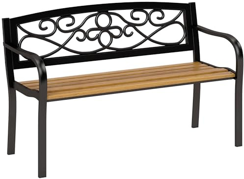 Outsunny Banco de Jardín Exterior de 2 Plazas Banco de Exterior con Asiento de Madera y Marco de Acero para Patio Terraza 127x56x80 cm Negro y Natural