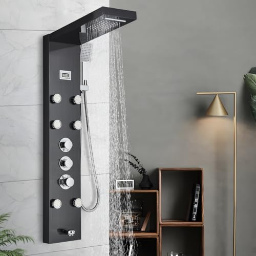 HARNART Shower Tower with Mixer,5 Function Shower Column with LED Temperature Display Rain＆Mist,6 Body Jets,Handset and Bath Spout,Shower Panel Stainless Steel,Black