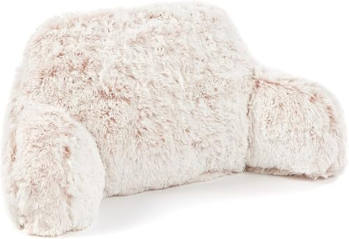 Downland Huggleland Long Hair Cuddle Cushion - Soft Reading Pillow with Arms for Adults, Backrest Support Pillow for Bed, Chair & Armchair Reading Cushion (Pink) - 45H x 39D x 89W cm