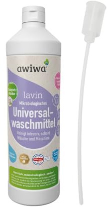 awiwa® lavin Universalwaschmittel flüssig (1l) - umweltfreundlich & vegan mit mikrobiologischer Wirkung - effektiv für Buntes & Weißes, sensitiv, auch für Sportkleidung mit Dosieraufsatz