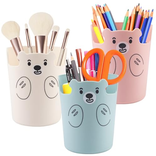 3 Pièces Pot à Crayons de Bureau, Multifonction Porte Stylos, Rond | Pot A Crayon Créatif Enfant pour Ranger Pinceaux de Maquillage, Pinceaux, Organisateur (Rose, Blanc, Bleu)