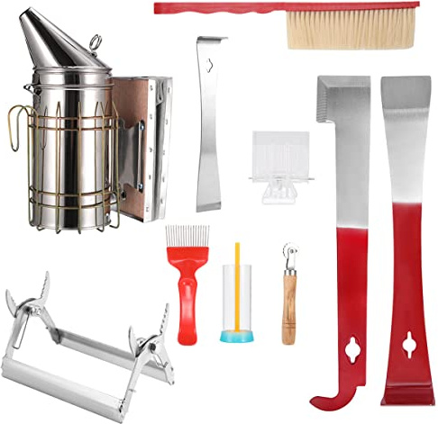 10Pcs Beekeeping Tool Kit Bee Farming Equipment Beehive Starter Tool Honeybee Bee Keeping Tools with Bees Smoker Brush Bees Catcher Hive Tools for Beginners Professional Beekeepers