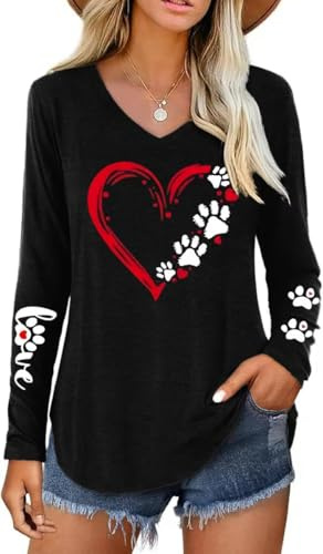 Women's Valentine Dog Paw Print V Neck T Shirt Love Heart Graphic Lovers Tee Long Sleeve Couple Top Blouses（L,Black04
