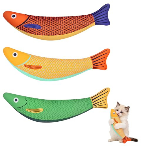 Juego de juguetes para gatos, juguete de hierba gatera, 3 peces Kicker con hierba gatera y sonido crujiente, juguete interactivo suave para gatos, autoempleo y entrenamiento de inteligencia para todas