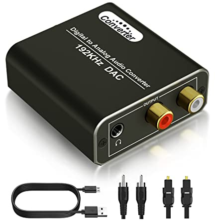 Digital till analog ljudomvandlare - DAC 192 kHz med Toslink Optisk, SPDIF koaxial till RCA L/R och 3,5 mm uttag för TV, DVD, Blu-Ray, hemmabio