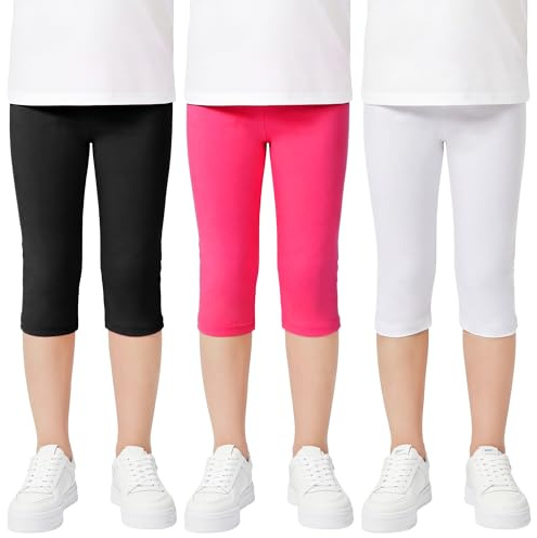 Domueay Leggings pour Filles 3/4 Coton Shorts Legging, Lot de 3, 6-13 Ans | Respirants Doux Confortables Extensibles Capri Pantalons, Enfants Été Vêtements Gymnastique Sport Scolaire Loisirs Cycliste