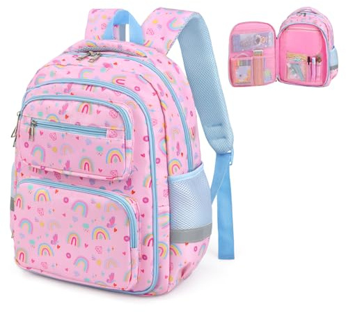 alldomess Zaini Scolastici per Bambini, Impermeabile Zaino Scolastico per Scuola Primaria e Secondaria, Grande Zainetto Bambino Leggero per Scuola e All'aperto, Arcobaleno Rosa