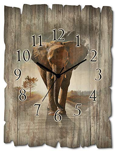 ARTLAND Wanddeko Wanduhr ohne Tickgeräusche aus Holz Funk Uhr 30x40 cm Rechteckig Lautlos Afrika Elefant Tiere Safari Natur Kolonialstil Originell T9QO