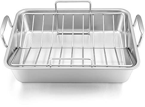 Leonyo Large Turkey Roasting Pan with V-shaped Rack, Rectangular 16 x 11.5 Inch Stainless Steel Turkey Roaster Pan with Rack Heavy Duty for Chicken Lasagna Vegetables Brownie, Dishwasher Safe, 2Pcs