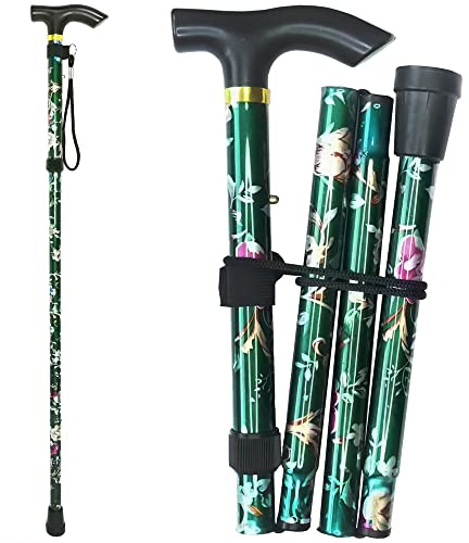 CLOKTA Folding Cane, 5-Level Adjustable Height Lightweight Portable Foldable Walking Canes with Wrist Strap and T Handle for Men Women Seniors (Floral Green)