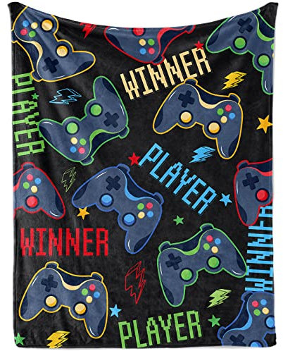 Gaming Throw Blanket Gifts for Boys, Soft Video Game Controller Cozy Plush Flannel Blanket for Kids Baby Bedroom, 100 x 130 cm Black Gamer Fleece Fluffy Blanket for Girls Toddler Couch Bed Sofa Decor