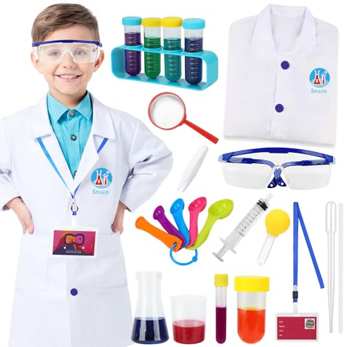 Hifot 23 Pièces Déguisement Chimie Enfant,Déguisement de Scientifique Enfant Blouse Blanche Chimie Lab Jouet Médecin pour Garçon Fille 4-8 ans