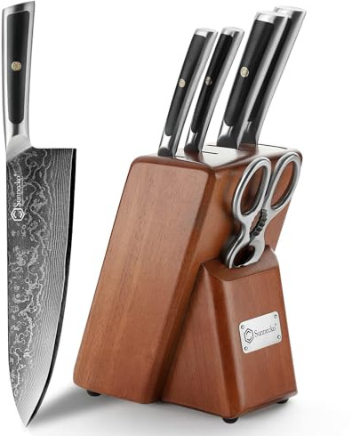 Sunnecko 67 lager Damaskus köksknivar, 4-delad professionell kökskniv, Santoku Chef Nakiri-set, med brunt träblock och kökssax