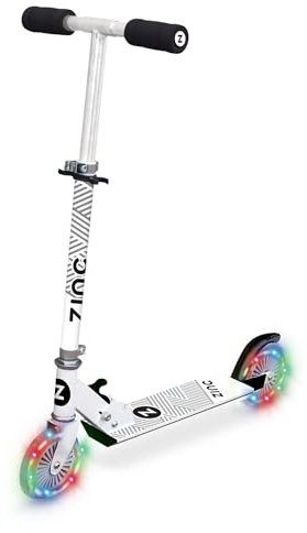 Zinc Patinete Plegable de Dos Ruedas, Color Blanco, Ruedas LED iluminadas, Cubierta Antideslizante, agarres Suaves, Altura Ajustable, Patinete para niños de 3 años en adelante