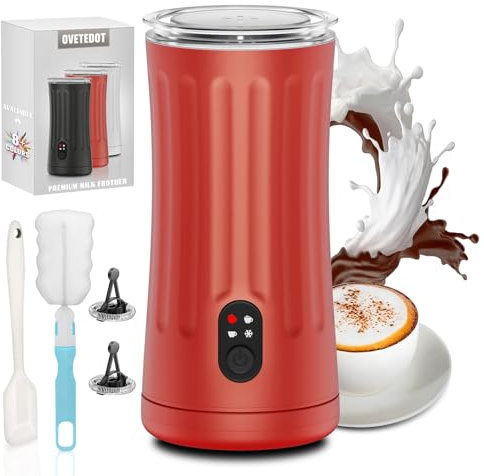 Ovetedot Montalatte Elettrico, Automatico 4 in 1 Cappuccinatore Elettrico, Schiuma di Latte Calda e Fredda, Montalatte Silenzioso per Caffè, Cappuccino, Macchiato, Cioccolata Calda, Rosso Corallo