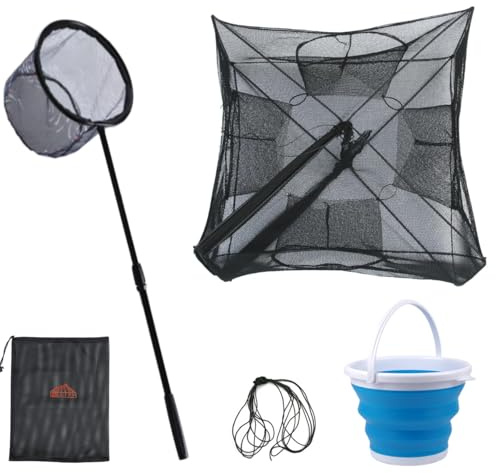 LPEIEB Fishing Bait Trap Collapsible Fish Bucket Net Lightweight Aluminum Pole Non-Slip Handle Catch Small Fish Crab Crawfish Cage 4 Hole