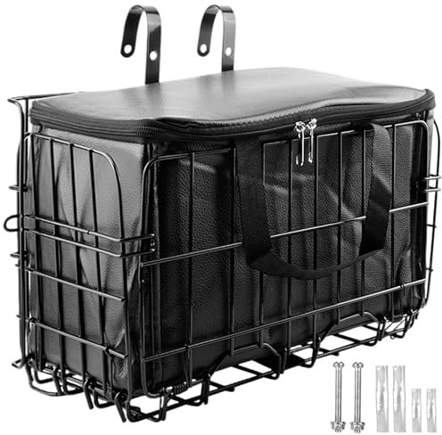 SUQ Cestino Bici Pieghevole con Sacchetto Nero Della Fodera del Nylon, Cesto Della Bici Anteriore Del Filo d'Acciaio, per l'Animale Domestico, Shopping, Pendolarismo, Campeggio e All'Aperto (Nero)