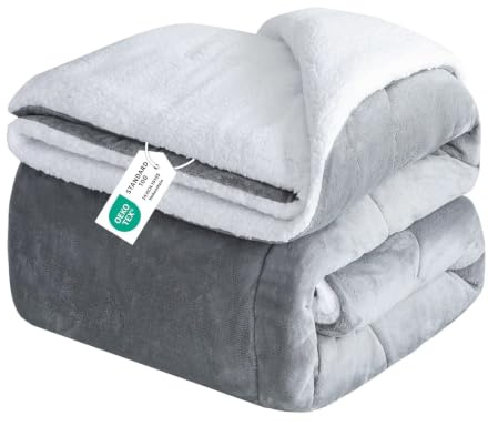 RUMBALUXY Thick & Warm Sherpa Fleece Blanket Double Size for Winter Bed | Fluffy Soft & Cosy Throw for Sofa Couch Camping, Machine Washable Plush Blankets, All Season Comforter, Grey, 152x203cm