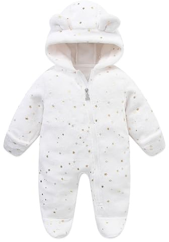 JiAmy Tute da neve con cappuccio per bambino e bambina, tutina invernale per neonati in pile, tutina intera per 0-12 mesi, bianco, 0-3 Monate