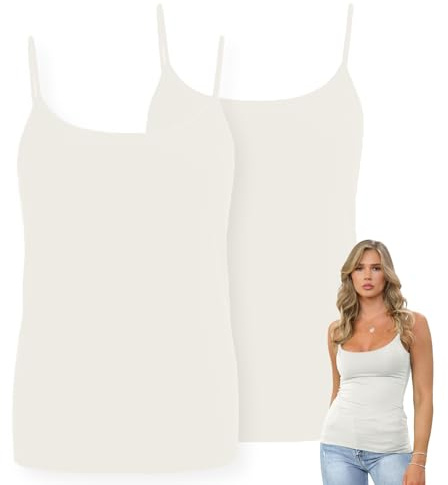 janisramone® Dam Cami Strappy Bodycon Linne, förpackning med 2 Ärmlösa Scoop Neck Väst Toppar Kvinnor UK, Stretchig, Slim Fit Gym Wear, Plain Casual Sommar Damer Camisoles, Grädde, 8-10