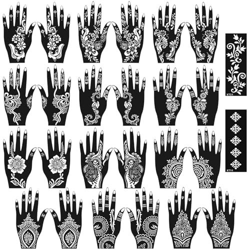 26 Henna Schablonen Kit, Henna Tattoo Vorlagen Plastik für Hände und Finger, Enthalten Indischer Arabischer Hände Temporäre Hennas Tattoos Schablonen für Arm, Mädchen, Körperkuns