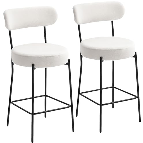 HOMCOM Lot de 2 tabourets de Bar en Tissu Bouclette, Assise 68H cm, chaises de Bar, Assise Large, Dossier courbé, Repose-Pieds, Pieds en Acier, chaises Hautes Cuisine, Salle à Manger, comptoir, crème
