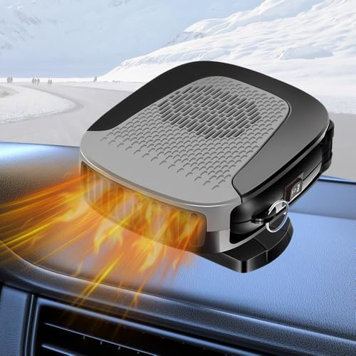HIULLEN Car Heater, 12V Fast Heating Defrost Defogger, 2 in 1 Fast Heating/Cooling Automobile Heater Demister, 360° Rotatable Windscreen Defogger Window Defroster for Vehicle (Black and Gray)