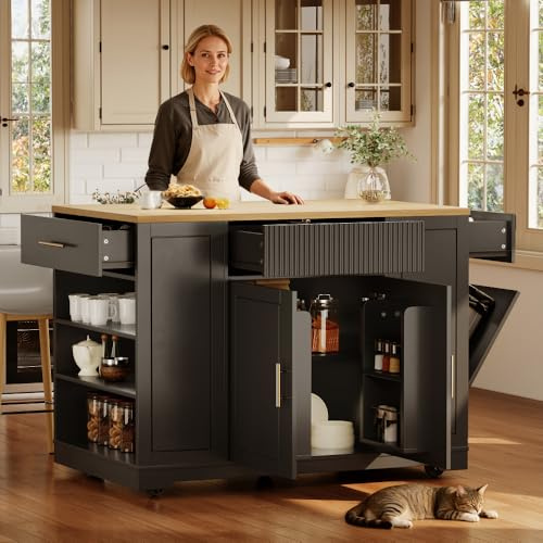 Wyibwy mobile Carrello da cucina,isola da cucina su ruote con scomparto contenitore rifiuti e ripiani regolabili,carrello da pranzo con piano di lavoro,Carrelli da cucina con 2 ante e 3 cassetti(Nero)