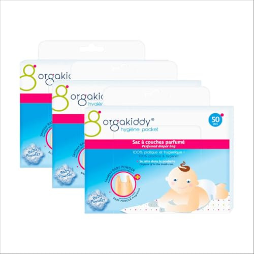 Sac à Couches Parfumé Talc – Neutralise les Odeurs – Fermeture Facile par Nœud – Hygiène Bébé Pratique – Idéal en Déplacement – Lot de 3 Boîte de 50 Sacs Jetables