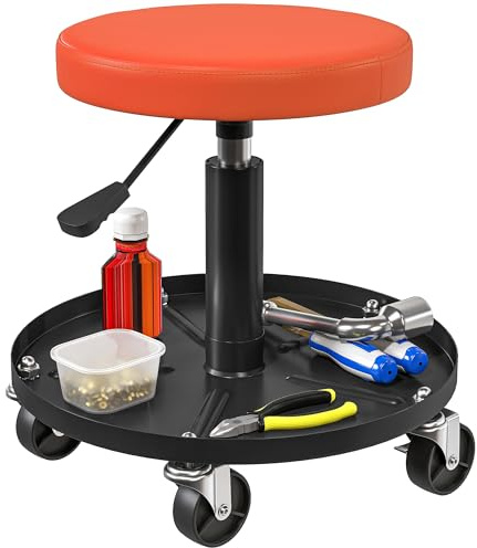 HOMCOM Tabouret d'atelier à 5 roulettes pivotantes 360°, Hauteur Ajustable 38-50 cm, Tabouret de mécanicien avec Plateau à Outils, siège d'atelier pour Garage, Charge maximale 135 kg, Orange
