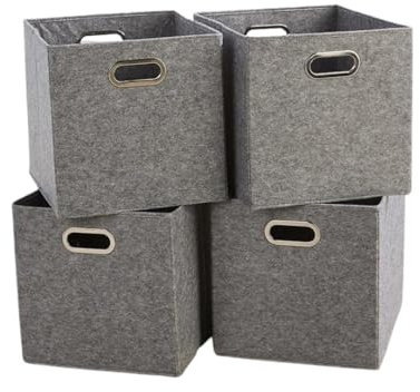 Home Source Cube Storage Boxes, Collapsible Fabric Storage Baskets, Foldable Canvas Organising Boxes, 4 Piece, Felt Grey