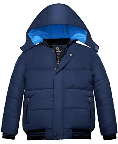 Wantdo Pojkar vinter varm fleecekappa förtjockad bomull vadderad jacka vindtät ytterkläder kappa utomhus huva jacka, Mörkblå, 140/146 cm