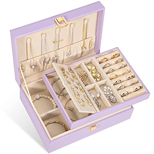 Voova Jewellery Box Organiser for Women Girls, 2 Layers Large Jewelry Storage Case, PU Leather jewlerrying Display Holder with Removable Tray for Necklace Earrings Rings Bracelets, Gifts, Lavender