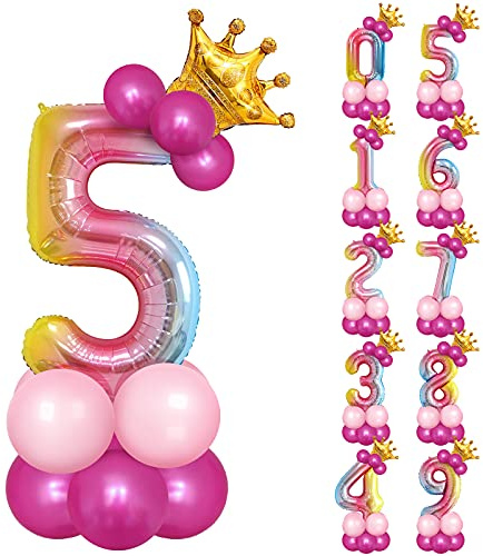 Unisun 32 inch Number Foil Balloons Set, Rainbow Gradient Helium Number 5 Balloon Tower with Crown and 17Pcs Latex Balloons for Princess Prince Birthday Party Anniversary Decorations