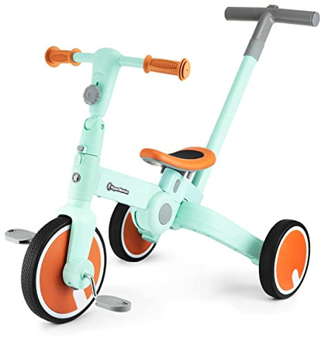 HyperMotion 5-in-1 Dreirad mit Schubstange & Laufrad - Wandelbares Fahrrad ab 2 Jahren, Kinderdreirad mit Schiebestange - Mintgrün (Lauflernhilfe, Zweirad)