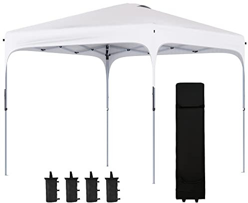 Outsunny Cenador Plegable Pop-UP 2,5x2,5x2,68 m Carpa de Jardín Protección UV 50+ Ajustable en Altura con 4 Bolsas de Arena y Bolsa de Transporte para Camping Fiestas Patio Blanco