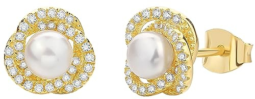 Pearl Earrings 18K Gold Sterling Silver Freshwater Pearls Stud Earrings Natural White Pearl Studs Small 8mm Vintage Jewellery for Women Ladies Mom Wedding Anniversary
