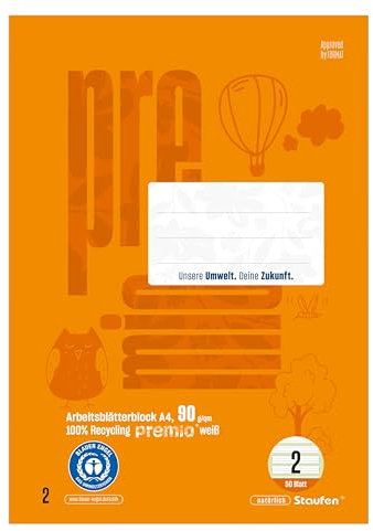 Staufen Green Arbeitsblätterblock - DIN A4, Lineatur 2 (4/4/4 mm liniert, farbig hinterlegte Lineatur), 2 Blöcke je 50 Blatt, 4-fach Lochung, 80 g/m² Recyclingpapier
