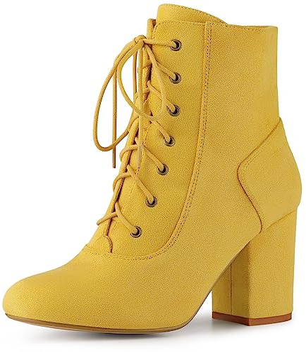 Perphy Botines de tacón alto con cordones y punta redonda para mujer, Amarillo, 38 EU