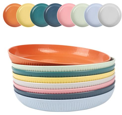 PullinTimes Set di 8 Piatti in Plastica,22.5cm,Piatti da Picnic in Plastica,Piatti da Insalata, Piatti da Dessert,Piatti da Festa,lavabili in lavastoviglie e sicurezza nel forno a microonde, 8 Colori