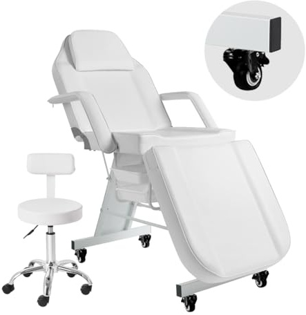 V VDLONSY Facial Chair with Wheels Tattoo Chair 73inch Adjustable Tattoo Bed for Client Massage Table with Stool Massage Table Facial Bed for Spa Beauty Esthetician White