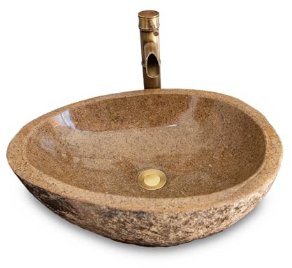 Unique Natural River Stone Sink - Irregular Oval Yellow Mottled Stone Washbasin, Artistic Style Farmhouse Sink (Medium 15-18'L)
