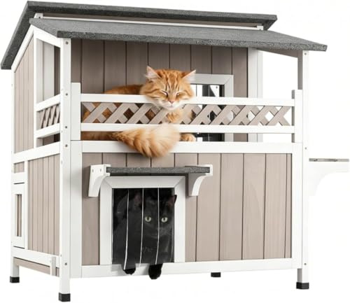 Gowoodhut Feral Cat Shelter Outdoor Weatherproof Houses for Cats Two Story Wooden Cat House Outside Feral Cat House with Balcony Waterproof, Escape Doors