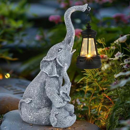 GuKKK Elefanten Deko mit Solar Laterne Gartenfiguren, Solar Deko Gartendeko für Draußen, Solarbetriebene LED Lichter für Frauen Männer Mama Geburtstagsgeschenk, Terrasse Balkon Wohnzimmer Deko (A)